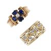 Two 9ct gold dress rings. The first designed as a synthetic sapphire floral cluster ring with bar si