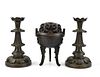 Chinese Bronze Censer & Pair Candle Stand, Qing D.
