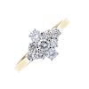 An 18ct gold diamond cluster ring. Of marquise-shape outline, the brilliant-cut diamond line, with s