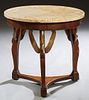 French Empire Style Carved Mahogany Marble Top Gueridon, early 20th c., the dished circular ocher marble over a wide skirt with tripodal cabriole legs