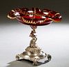Bohemian Gilt Decorated Ruby Glass Tazza, late 19th c., the scalloped circular zigzag edge top with gilt branch and enameled floral decoration, on a s