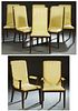 Set of Eight (6 +2) Amboyna Burled Wood Dining Chairs, 20th c., by Mastercraft, the high scrolled back over a scrolled seat, on tapered square saber l