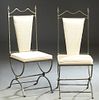 Pair of Contemporary Medieval Style Iron Side Chairs, 20th c., the canted iron back with spear finials, flanking a triangular white silk upholstered b