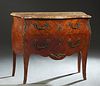 French Louis XV Style Ormolu Mounted Marquetry Inlaid Mahogany Bombe Marble Top Commode, early 20th c., the highly figured stepped rounded corner and 