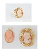 Three Pieces of Vintage 18K Yellow Gold Cameo Jewelry, early 20th c., consisting of a pendant/brooch with a pierced relief border of flowers and leave