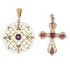 A selection of jewellery. To include an early 20th century 9ct gold garnet and split pearl pendant,