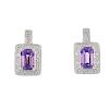 A pair of diamond and amethyst ear pendants. Each designed as a rectangular-shape amethyst, within a