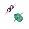 Two early 20th century 9ct gem-set rings. To include a circular-shape amethyst two-stone ring, toget