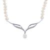 A 9ct gold diamond and freshwater pearl necklace. The single-cut diamond openwork panel, suspending