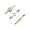 A selection of three diamond rings. To include two brilliant-cut diamond single-stone rings, togethe