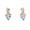 A pair of topaz and diamond ear pendants. Each designed as a triangular-shape topaz, to the single-c