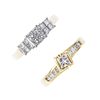 Two diamond dress rings. To include an 18ct gold square-shape diamond triple cluster ring and a squa