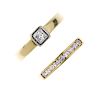 Two 18ct gold diamond rings. To include a brilliant-cut diamond line ring, together with a square-sh