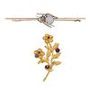 Two gem-set brooches. To include a 9ct gold circular-shape garnet accent floral brooch, together wit