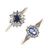 A selection of four diamond and gem-set rings. To include a 9ct gold oval-shape sapphire and single-