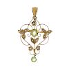 A 9ct early 20th century peridot and seed pearl pendant. Of openwork design, the oval-shape peridot