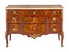 A Louis XV/XVI Transitional Style Gilt Metal Mounted and Sans Traverse Marquetry Marble-Top Commode
