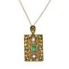 An emerald and diamond pendant. Of rectangular-shape outline, the rope-twist scrolling panel, set wi