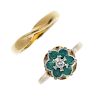 Two 18ct gold rings. To include a brilliant-cut diamond and circular-shape emerald floral cluster ri