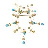 An adapted early 20th century 15ct gold turquoise and split pearl floral brooch. The series of turqu
