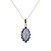 A sapphire and diamond pendant and ear stud set. The pendant designed as a marquise-shape sapphire,