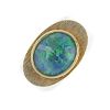 An opal triplet ring. The oval opal triplet, within a textured surround, to the tapered shoulders. W