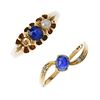 Two 18ct gold sapphire and gem-set dress rings. To include an oval-shape sapphire and split pearl th