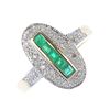 A 9ct gold emerald and diamond dress ring. The square-shape emerald line, within a single-cut diamon
