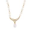 A 9ct gold freshwater cultured pearl single-row necklace. The front designed as a cultured pearl dro