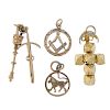 A selection of four charms. To include a 9ct gold sword and mace charm, a 9ct gold Masonic set-squar