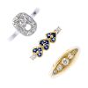 A selection of three diamond rings. To include a five-stone diamond ring, an 18ct gold sapphire hear