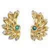 A pair of emerald and diamond earrings. Each designed as a circular-shape emerald collet, with pear-