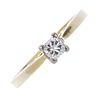 An 18ct gold diamond single-stone ring. The square-shape diamond, to the tapered shoulders and plain