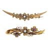 Two early 20th century 15ct gold gem-set floral brooches. To include a seed pearl and red gem textur