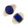 Two gentleman's 9ct gold lapis lazuli signet rings. Each designed as an oval or rectangular-shape la