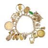 (536178-7-A) A 9ct gold charm bracelet. The textured curb-link chain, suspending a series of twenty-