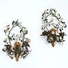 Pair French tole, giltwood and porcelain sconces
