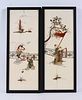 Two Japanese Stone Inset Painted Wood Panels