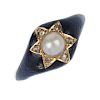 A mid Victorian 18ct gold enamel and gem-set memorial ring. The split pearl, within a diamond point
