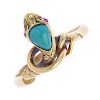 A mid Victorian 15ct gold gem-set snake ring. The pear-shape turquoise head, with pink gem cabochon