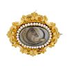 A mid Victorian gold split pearl memorial brooch. The oval arranged hair panel, within a split pearl