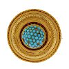 A late 19th century gold turquoise memorial brooch. Of circular outline, the domed centre with caboc