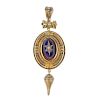 A late Victorian gold plated and enamel pendant. The split pearl and blue enamel oval-shape centre,