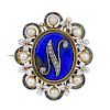 A late Victorian gold enamel pearl and diamond communion brooch. Of oval outline, the central blue g
