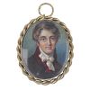 A late 19th century portrait and agate pendant. The hand-painted portrait of a gentleman with red ja