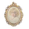 An early 20th century, 15ct gold portrait and split pearl brooch. The oval picture panel of a small