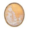 A cameo brooch. The shell depicting a mill and pastoral scene, to the rope-twist surround. Length 4c