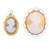 Two cameo brooches. Each of oval outline, one depicting a lady and one a gentleman in profile, the l