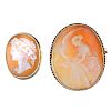 Two cameo brooches. Both of oval-shape outline, the first carved to depict Hebe feeding the eagle of