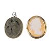 A cameo and lava carved pendant. The lava pendant carved in relief in the form of a winged angel wit